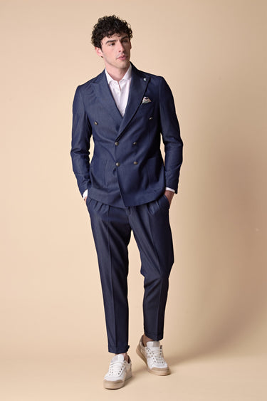 High-end double-breasted denim jacket with interior and pocket square in V2 fabric