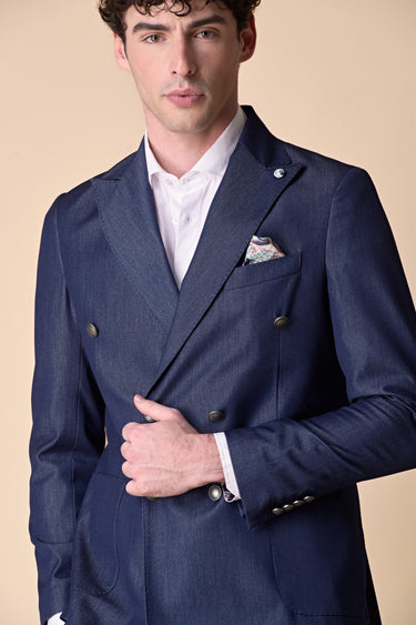 High-end double-breasted denim jacket with interior and pocket square in V2 fabric