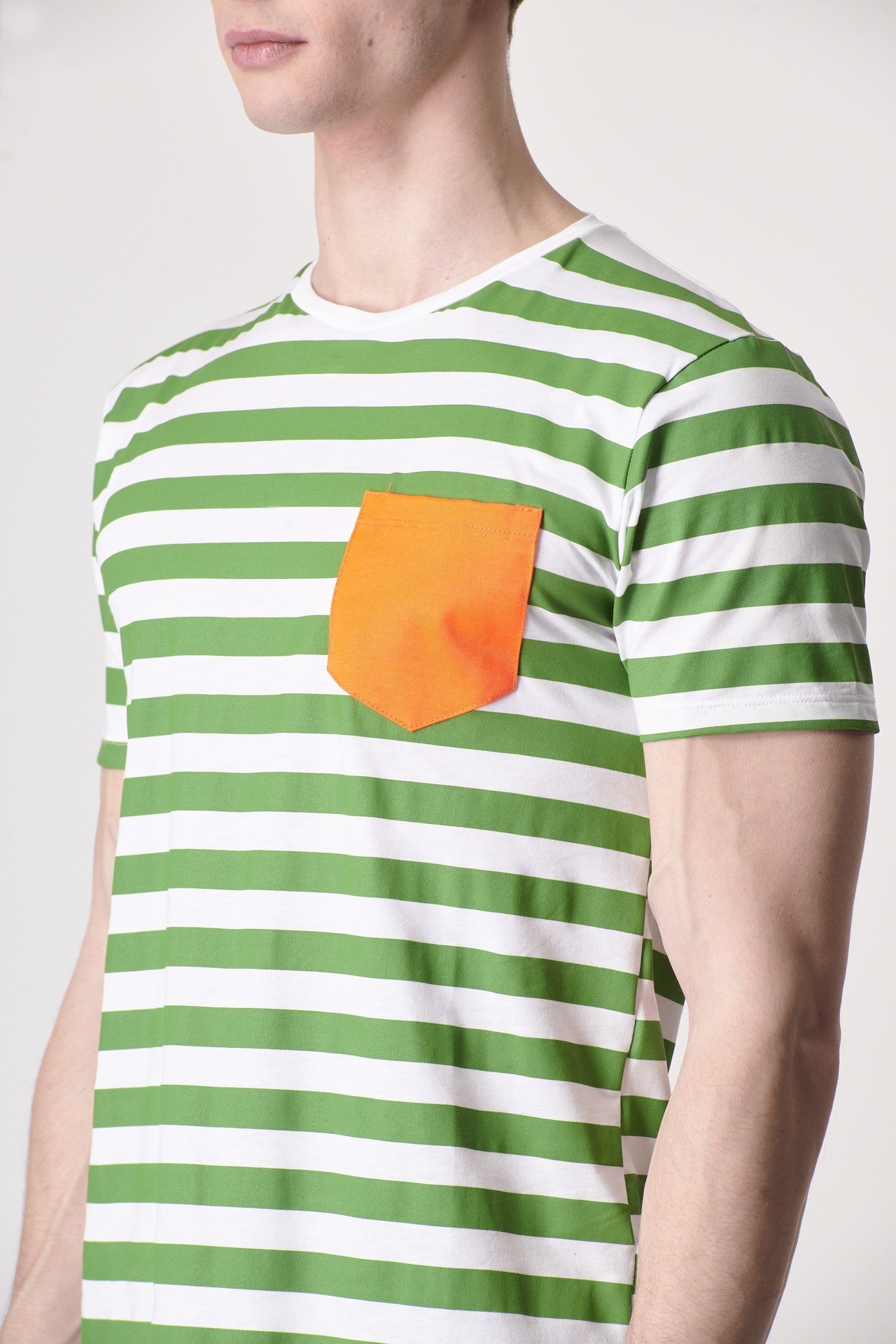 Green striped T-Shirt with Fluo Orange pocket