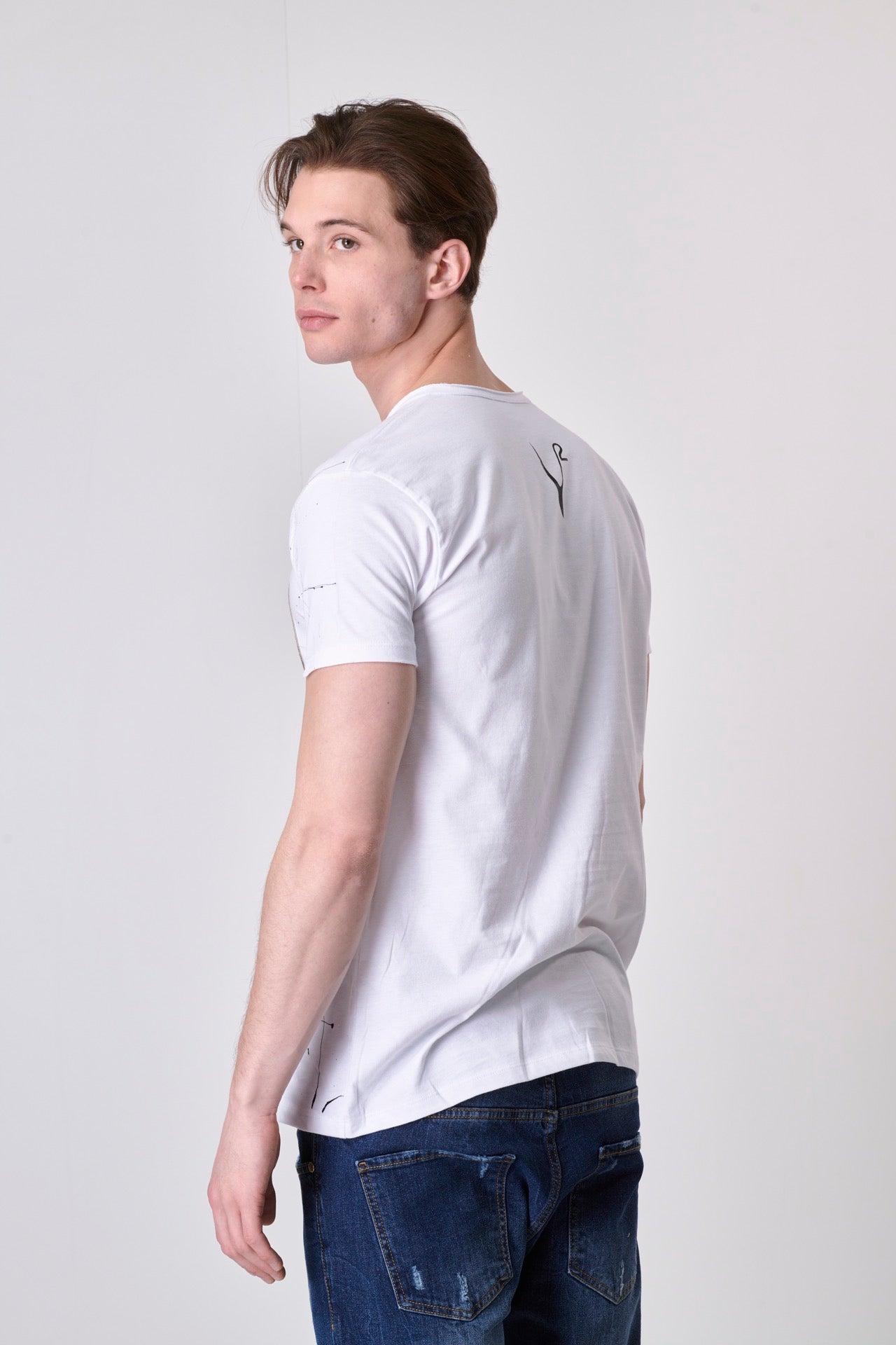 White T-Shirt with Camouflage pocket and paint splashes