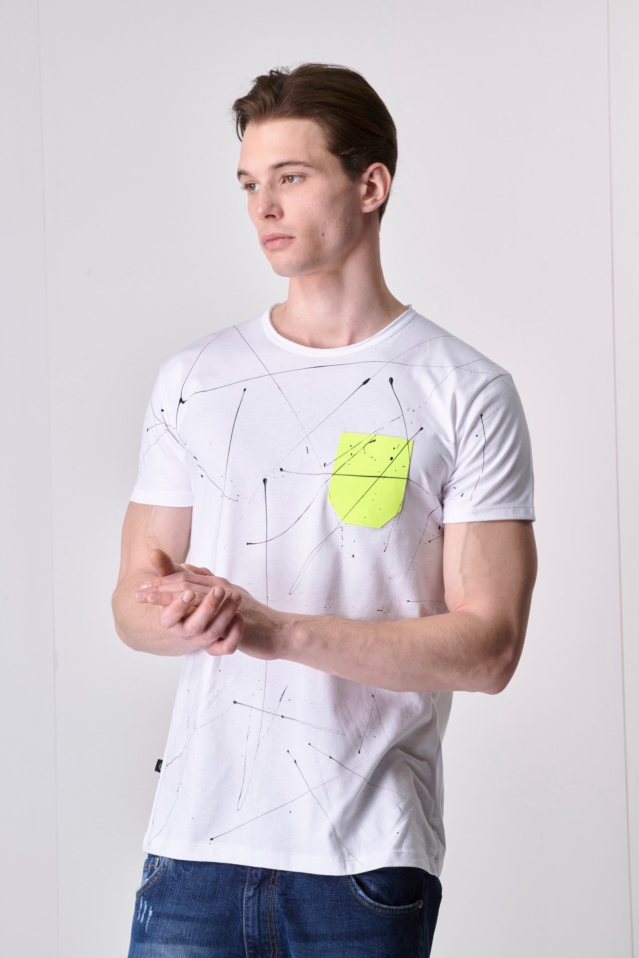 White T-Shirt with Fluo Yellow pocket and paint splashes