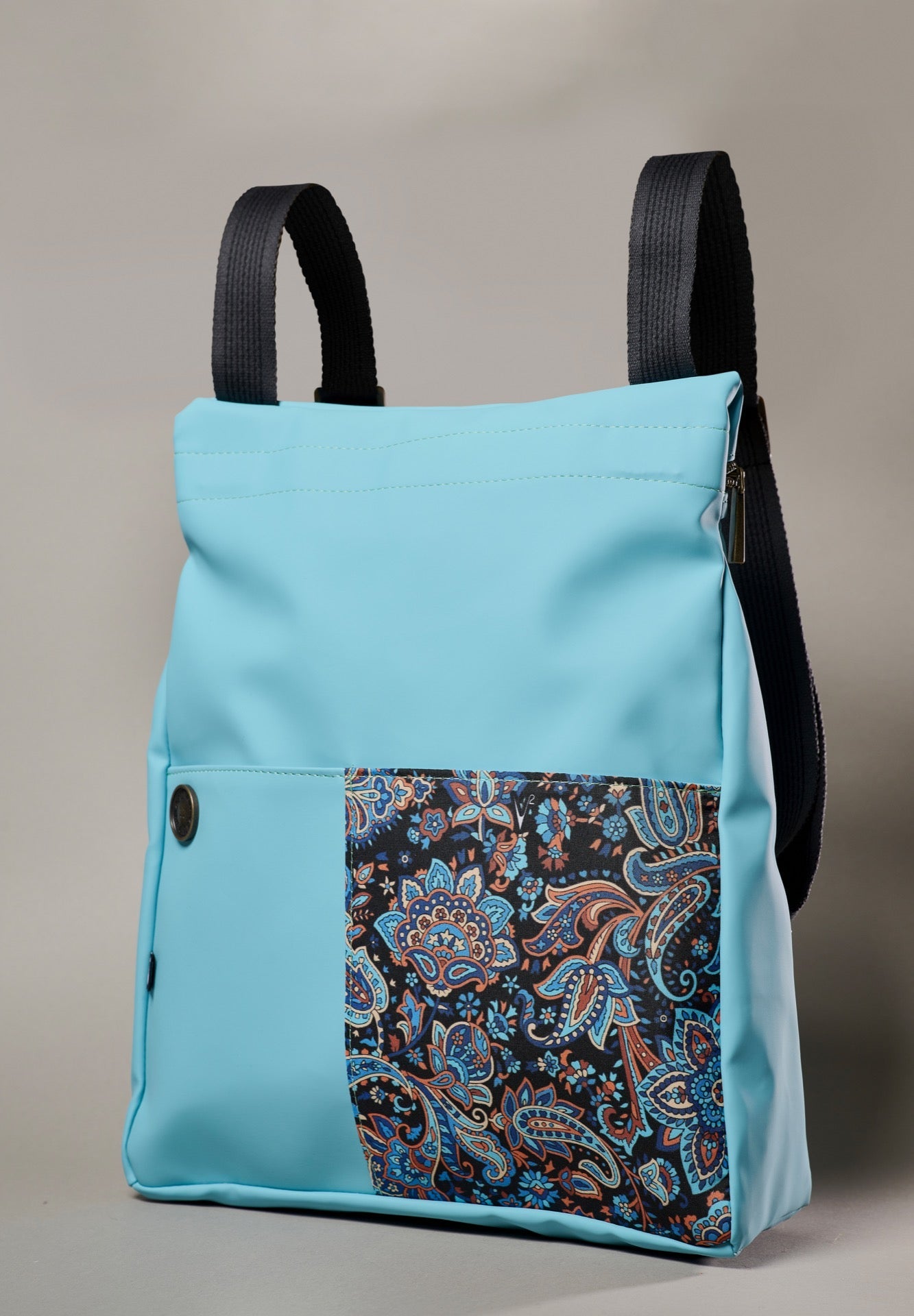 V2 x Mirantico - Zaino Memo Bag Azzurro con Tasca in tessuto Cachemire Nero