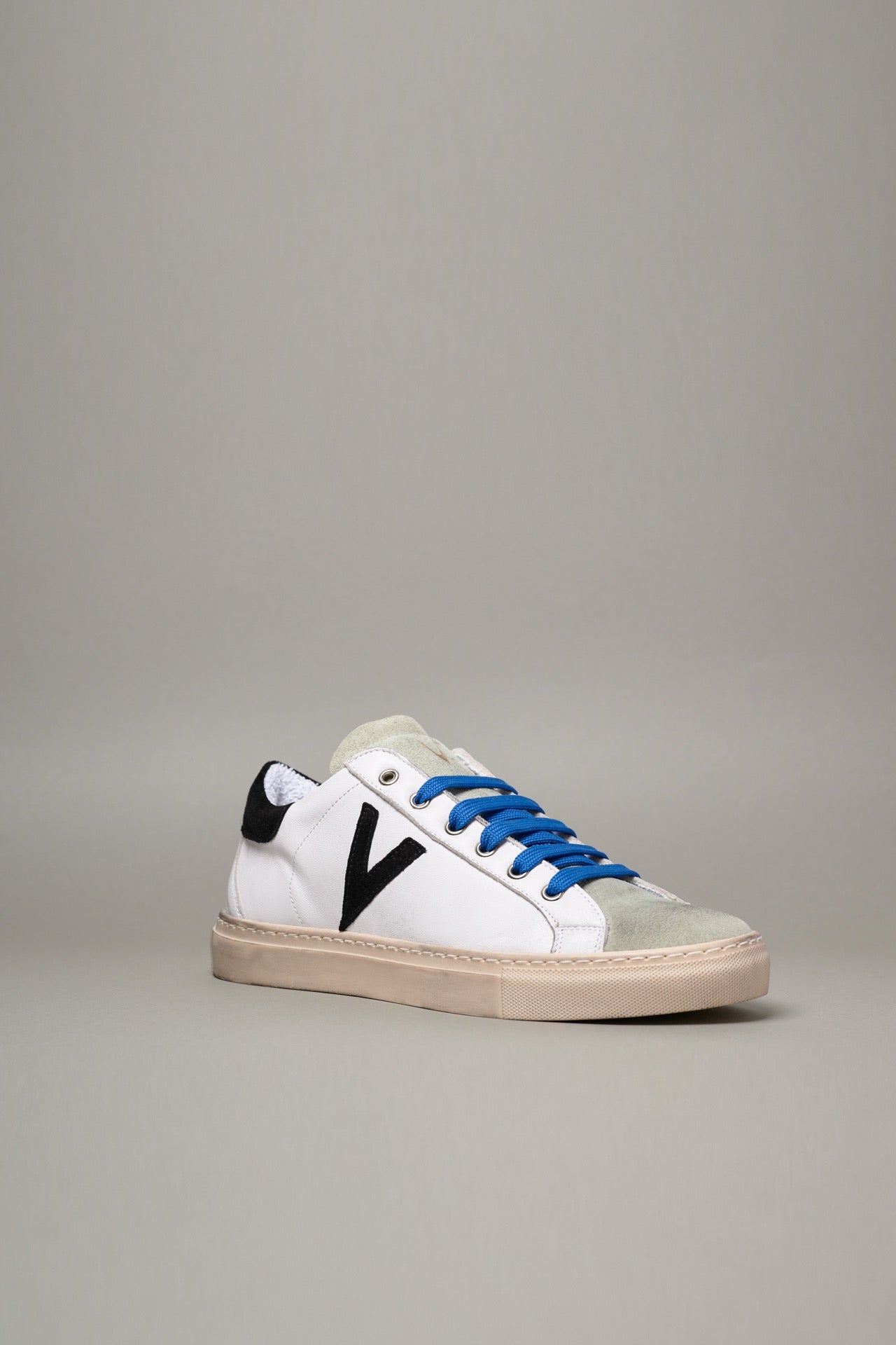 OLYMPIC - White low sole sneakers with Black suede back and insert and Blue laces