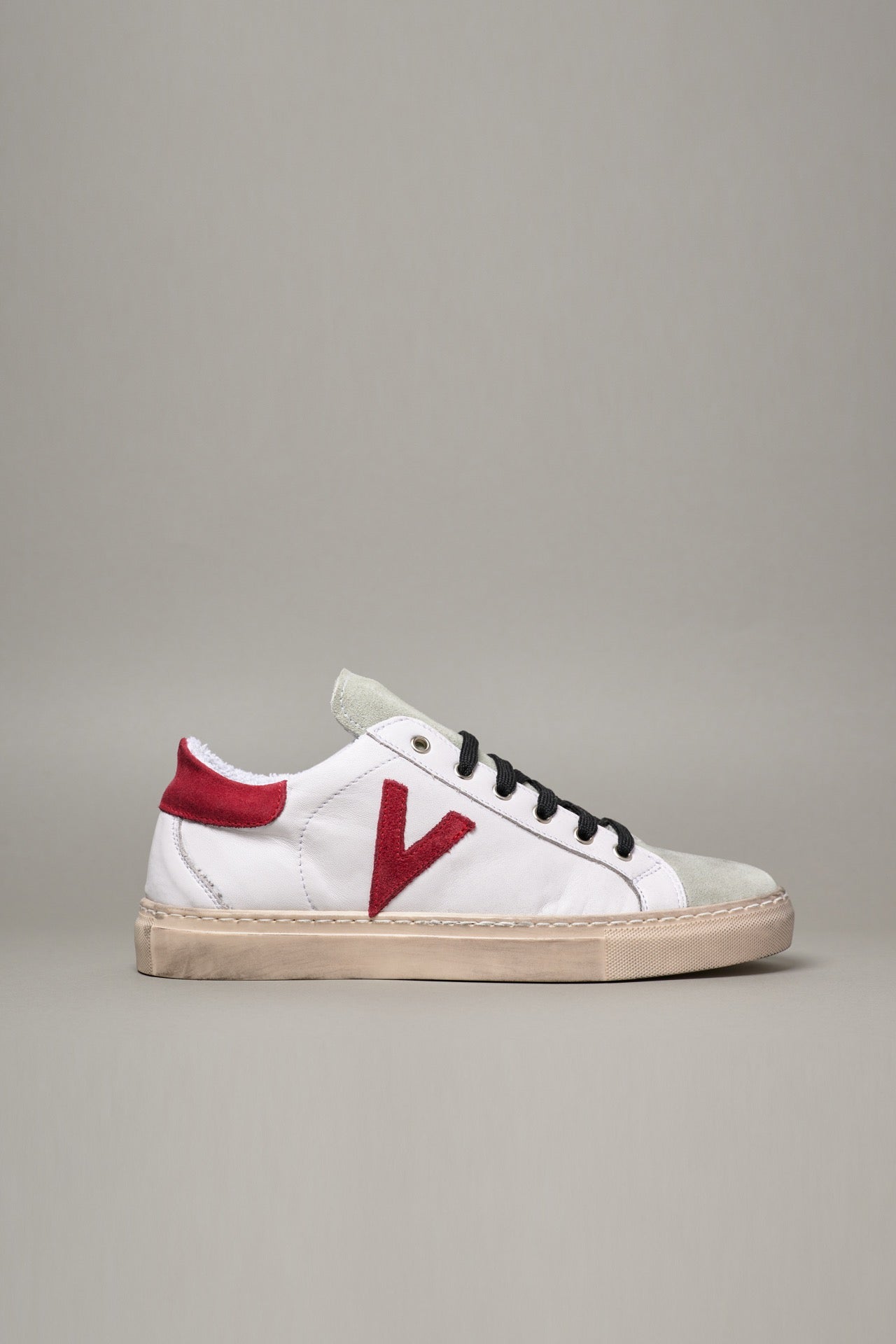 OLYMPIC - White low sole sneakers with Red suede back and insert and Black laces
