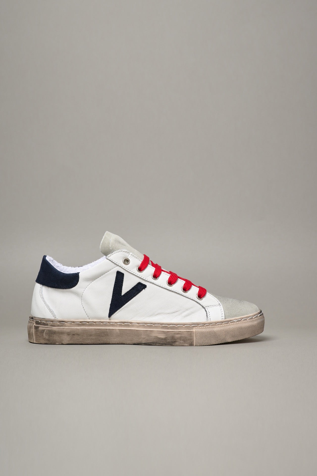 OLYMPIC - White low sole sneakers with Blue suede back and insert and Red laces