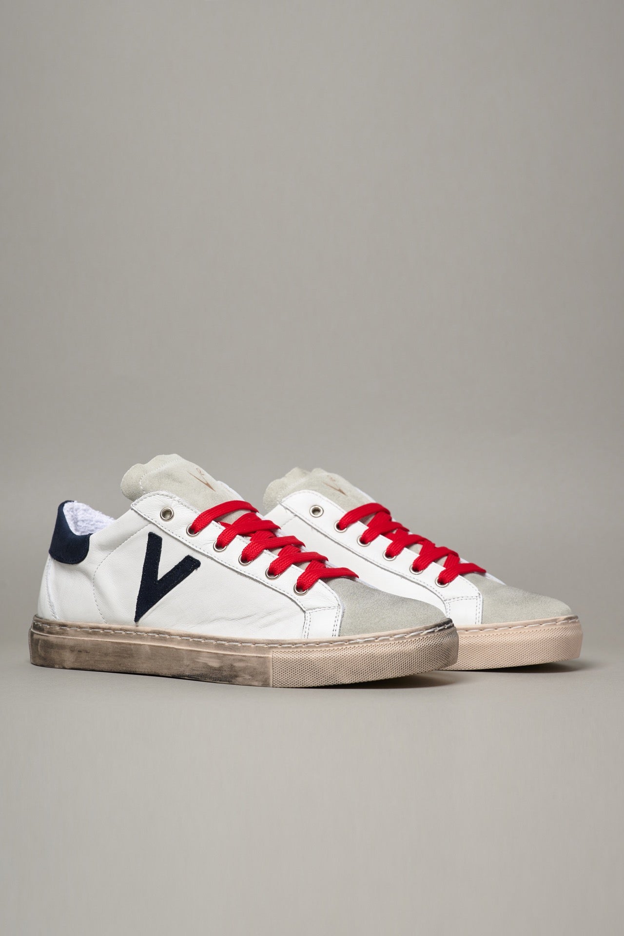 OLYMPIC - White low sole sneakers with Blue suede back and insert and Red laces