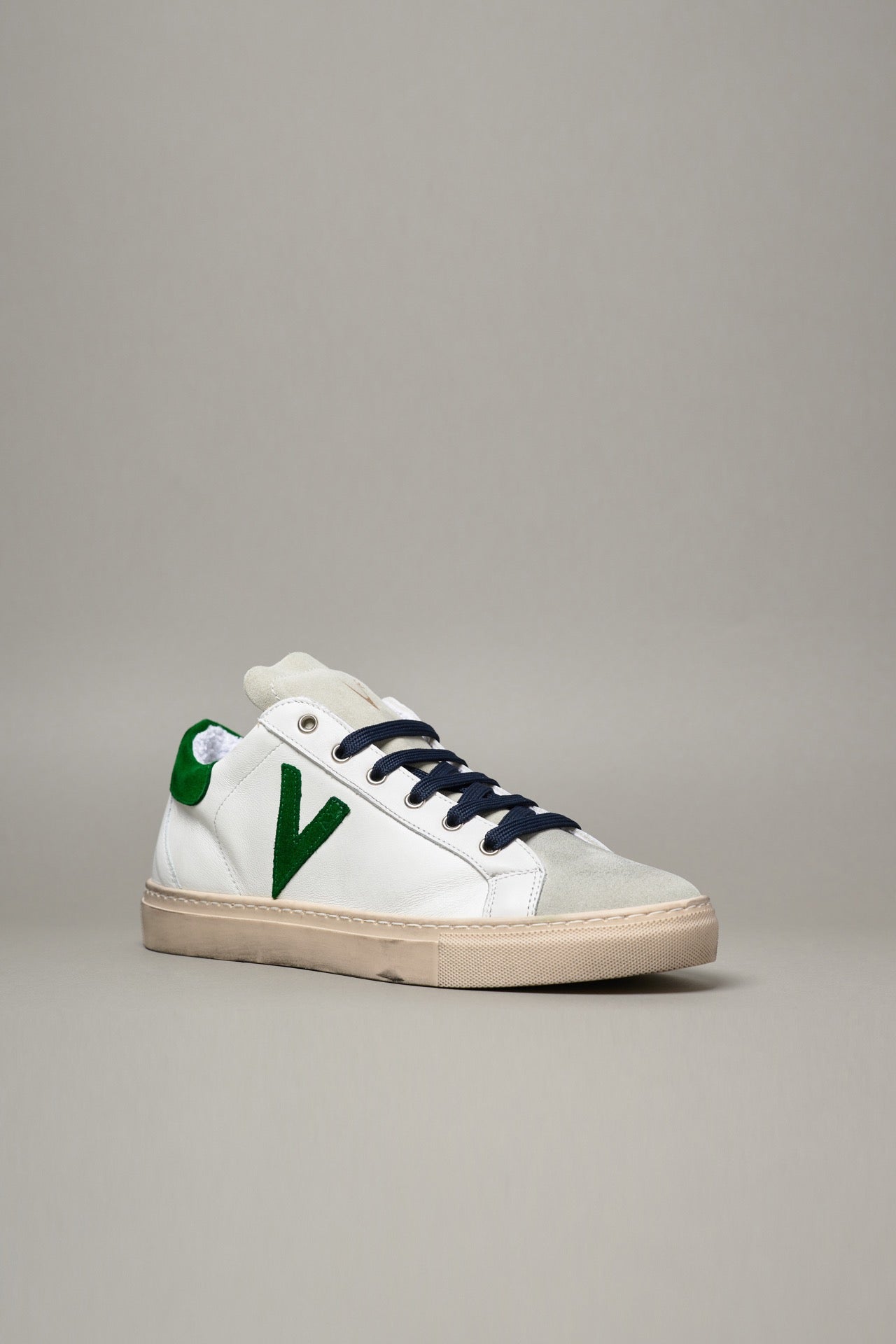 OLYMPIC - White low sole sneakers with Green suede back and insert and Blue laces