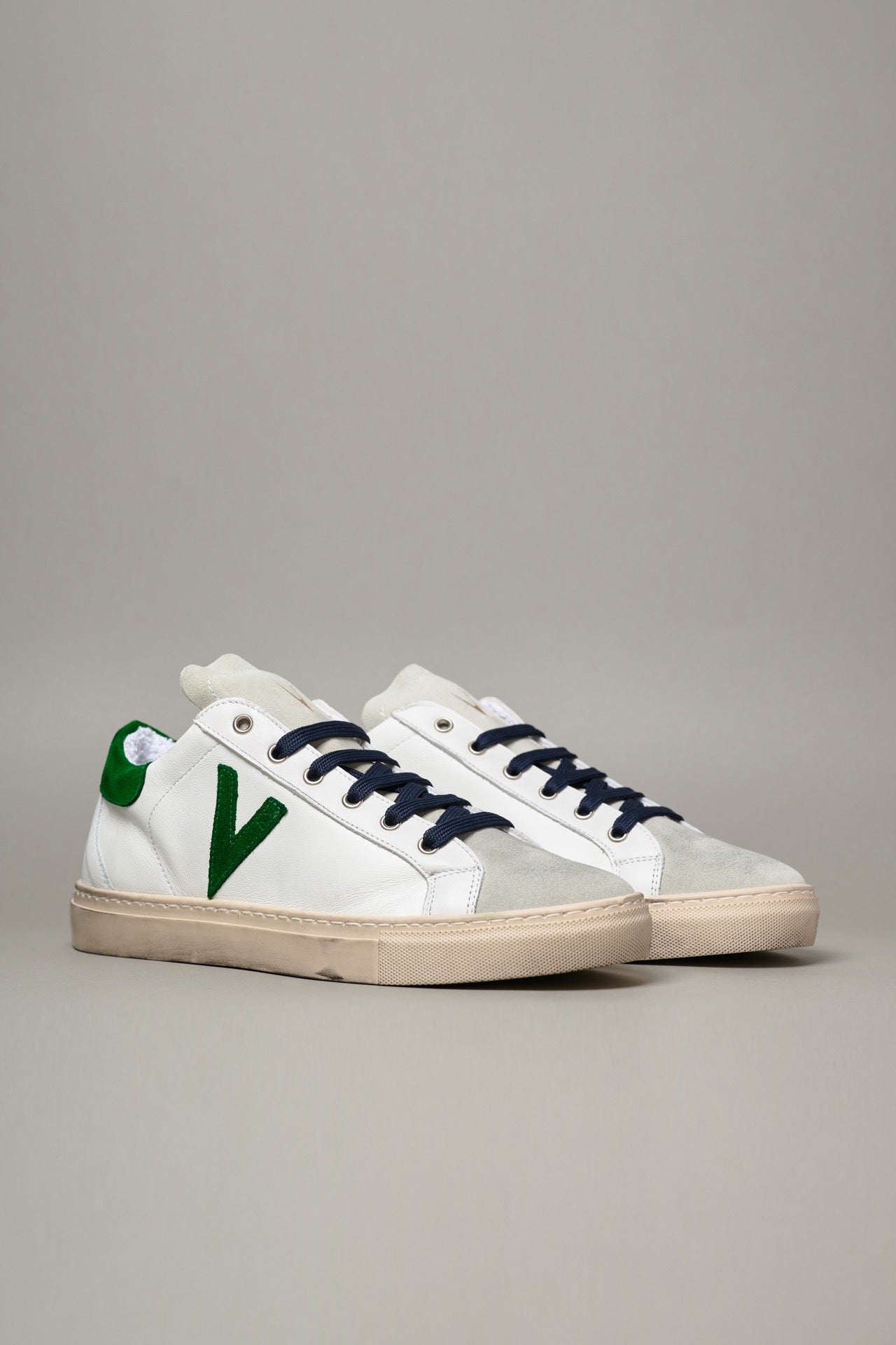 OLYMPIC - White low sole sneakers with Green suede back and insert and Blue laces