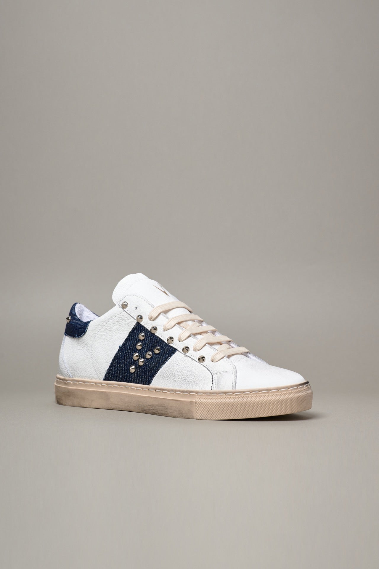 THUNDER - White Sneakers with back and side band in Jeans fabric and Studs