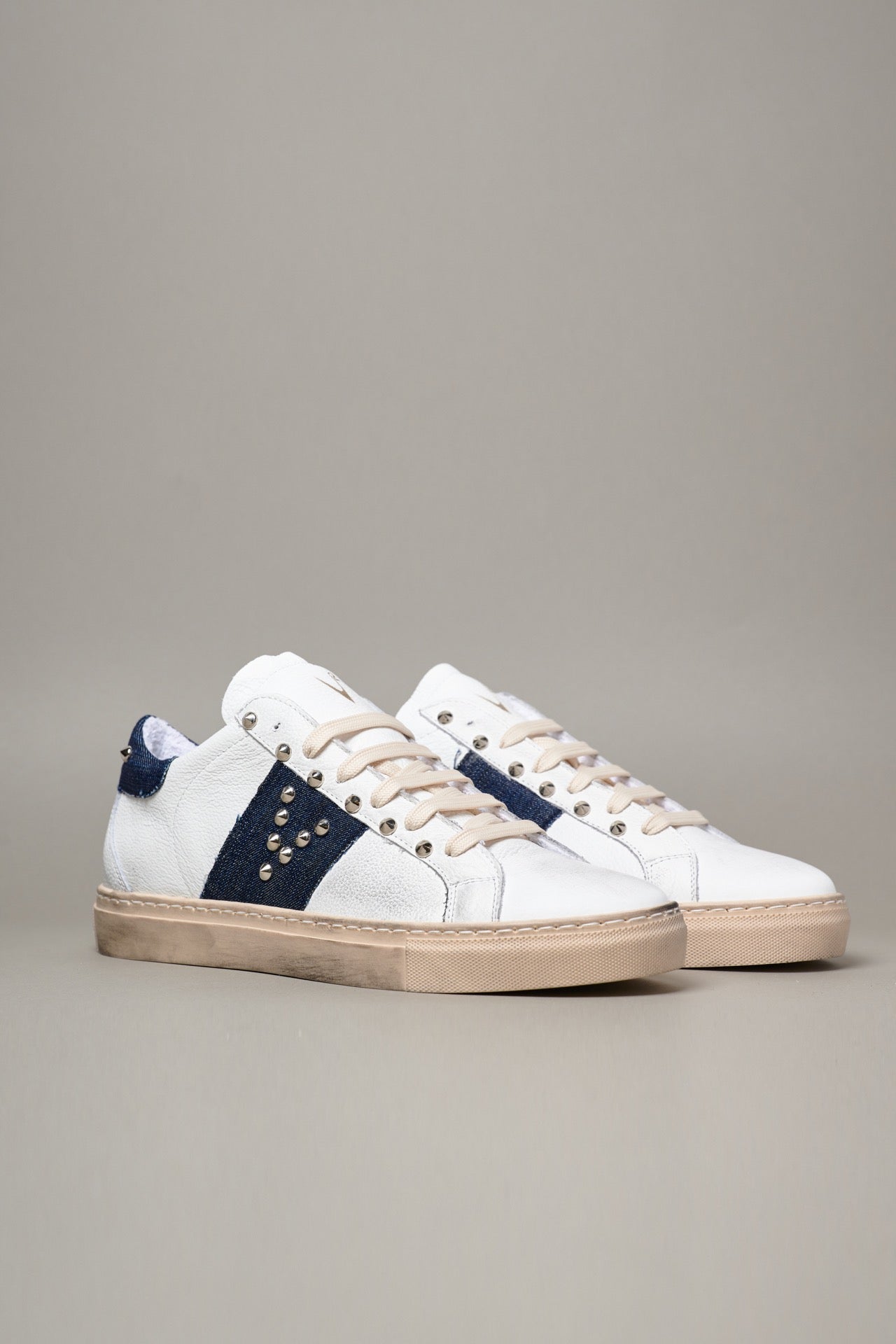 THUNDER - White Sneakers with back and side band in Jeans fabric and Studs