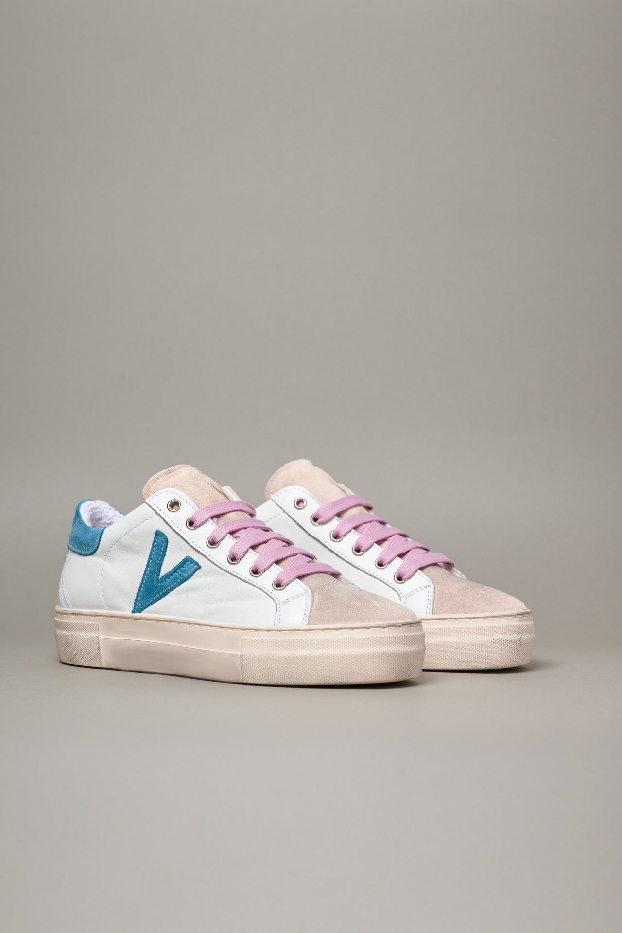 OLYMPIC - White Sneakers with Light Blue back and suede insert and Pink laces