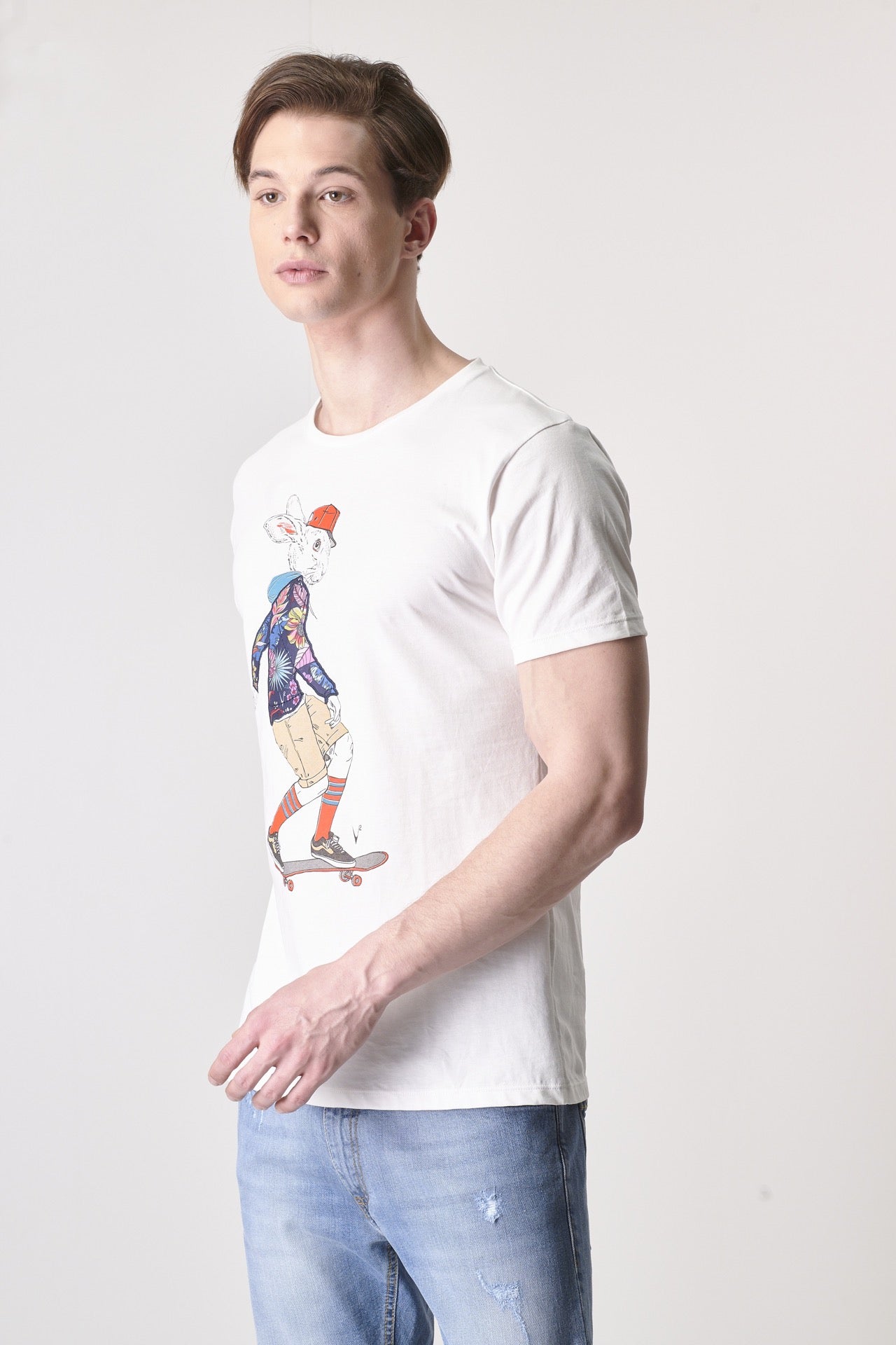 T-Shirt con Stampa Coniglio e inserto in tessuto V2