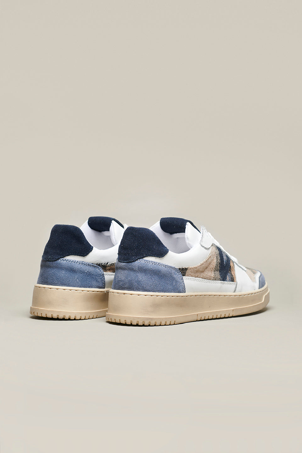 COLLEGE - White sneakers with blue suede back and V2 Scottish fabric inserts