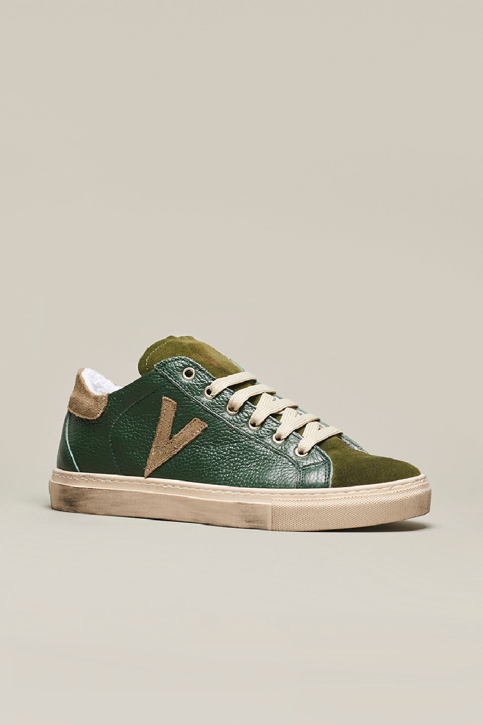 OLYMPIC - Green hammered leather low sole sneakers with Moro back and insert