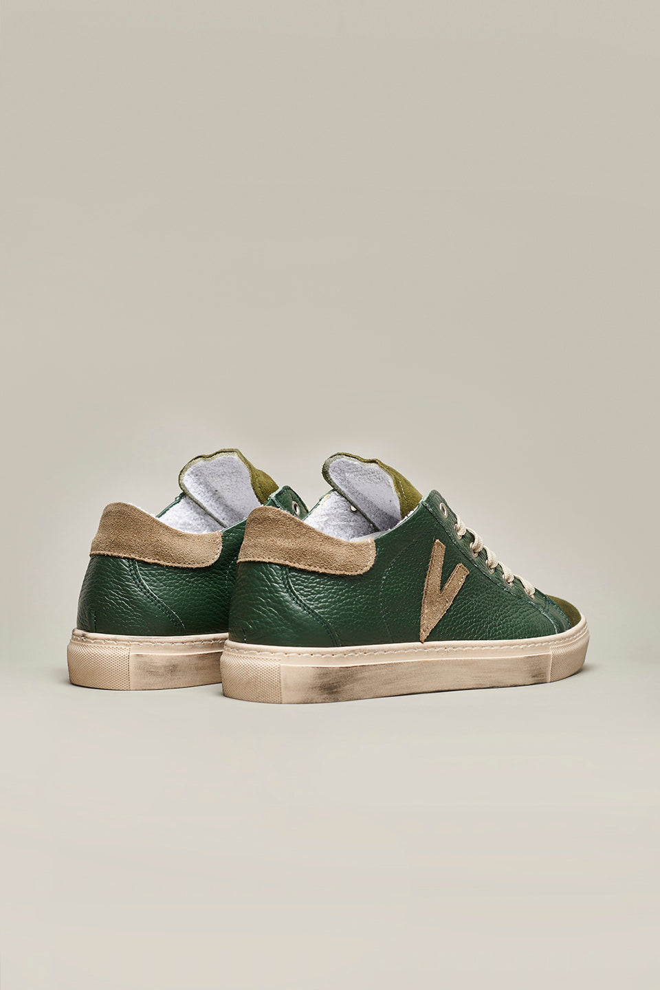 OLYMPIC - Sneakers a suola bassa in pelle martellata Verde con retro e inserto Moro