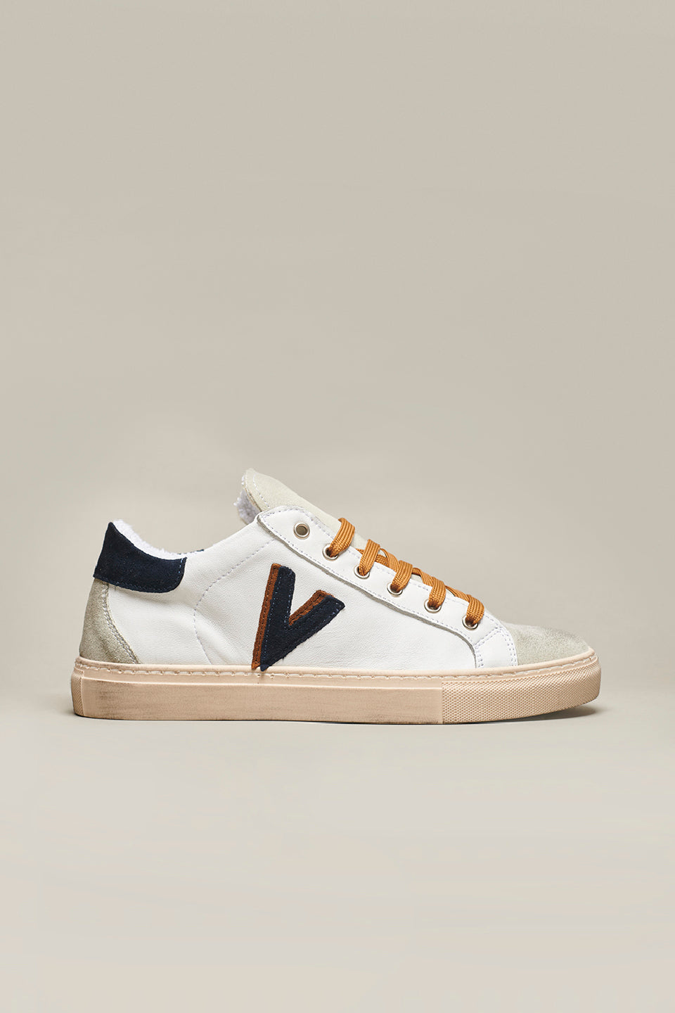 OLYMPIC V - White low sole sneakers with two-tone Blue and Coccio back and insert