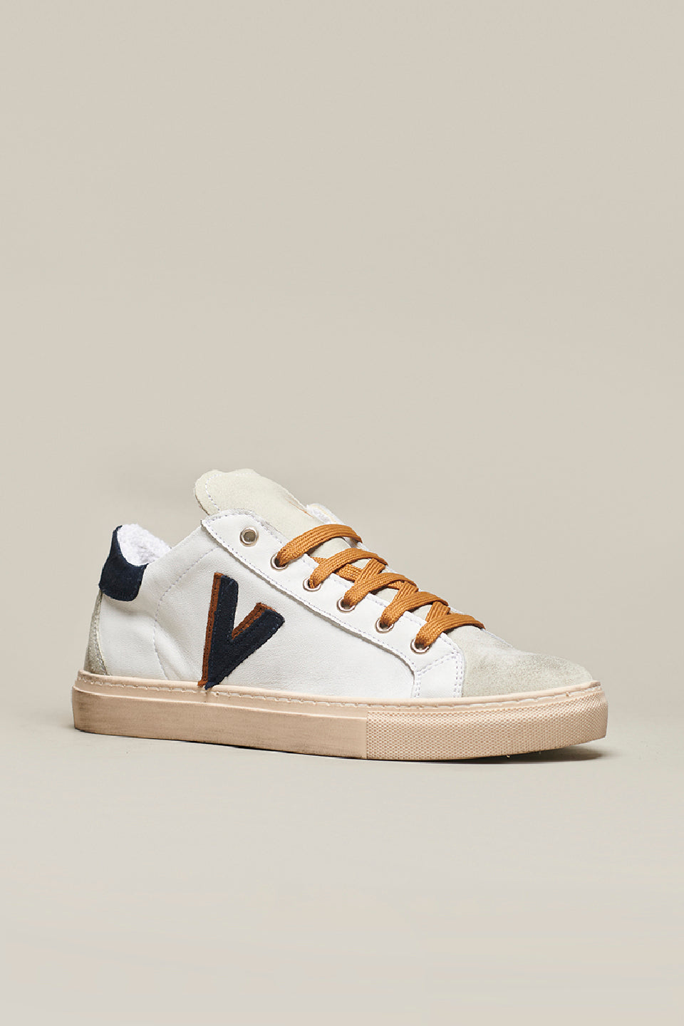 OLYMPIC V - White low sole sneakers with two-tone Blue and Coccio back and insert
