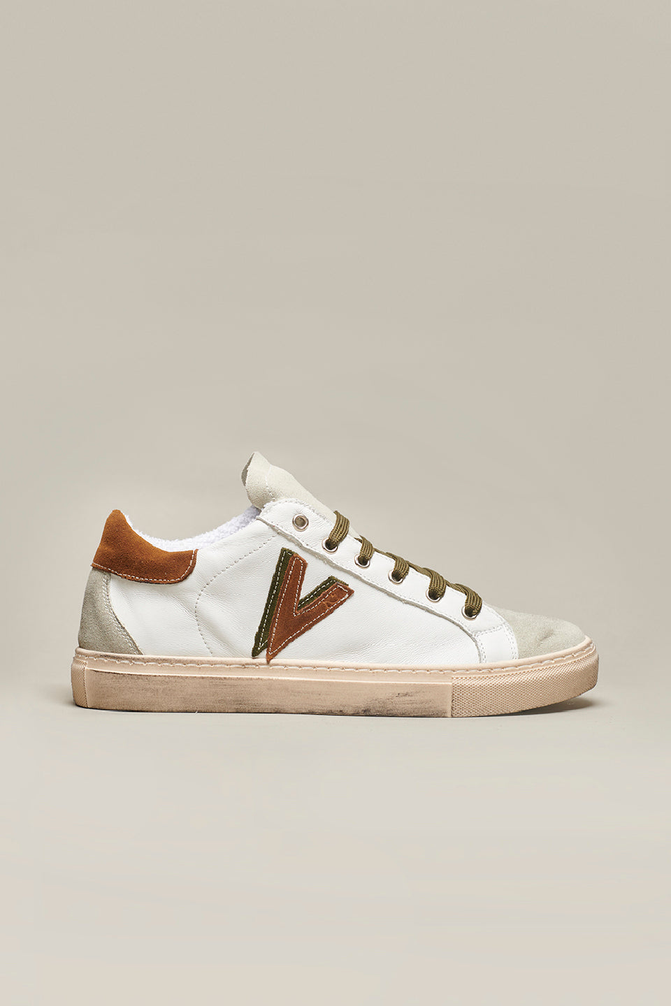 OLYMPIC V - White low sole sneakers with two-tone Camel and Military Green back and insert