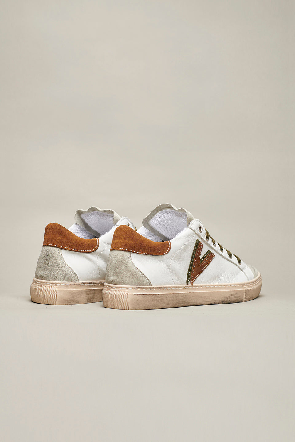 OLYMPIC V - White low sole sneakers with two-tone Camel and Military Green back and insert
