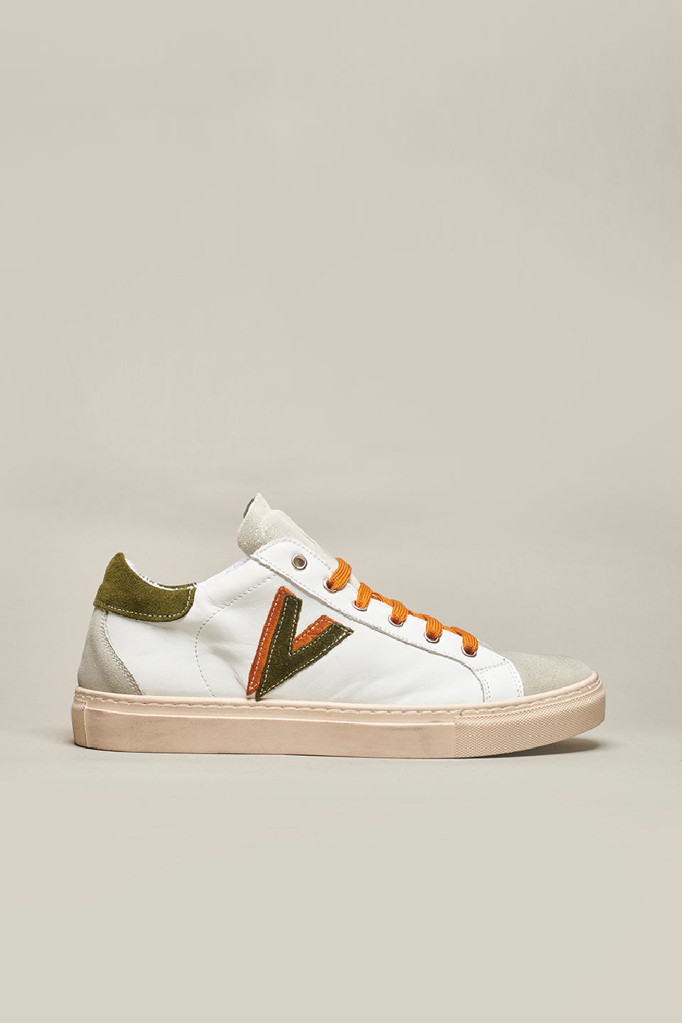 OLYMPIC V - White low sole sneakers with two-tone Military Green and Orange back and insert