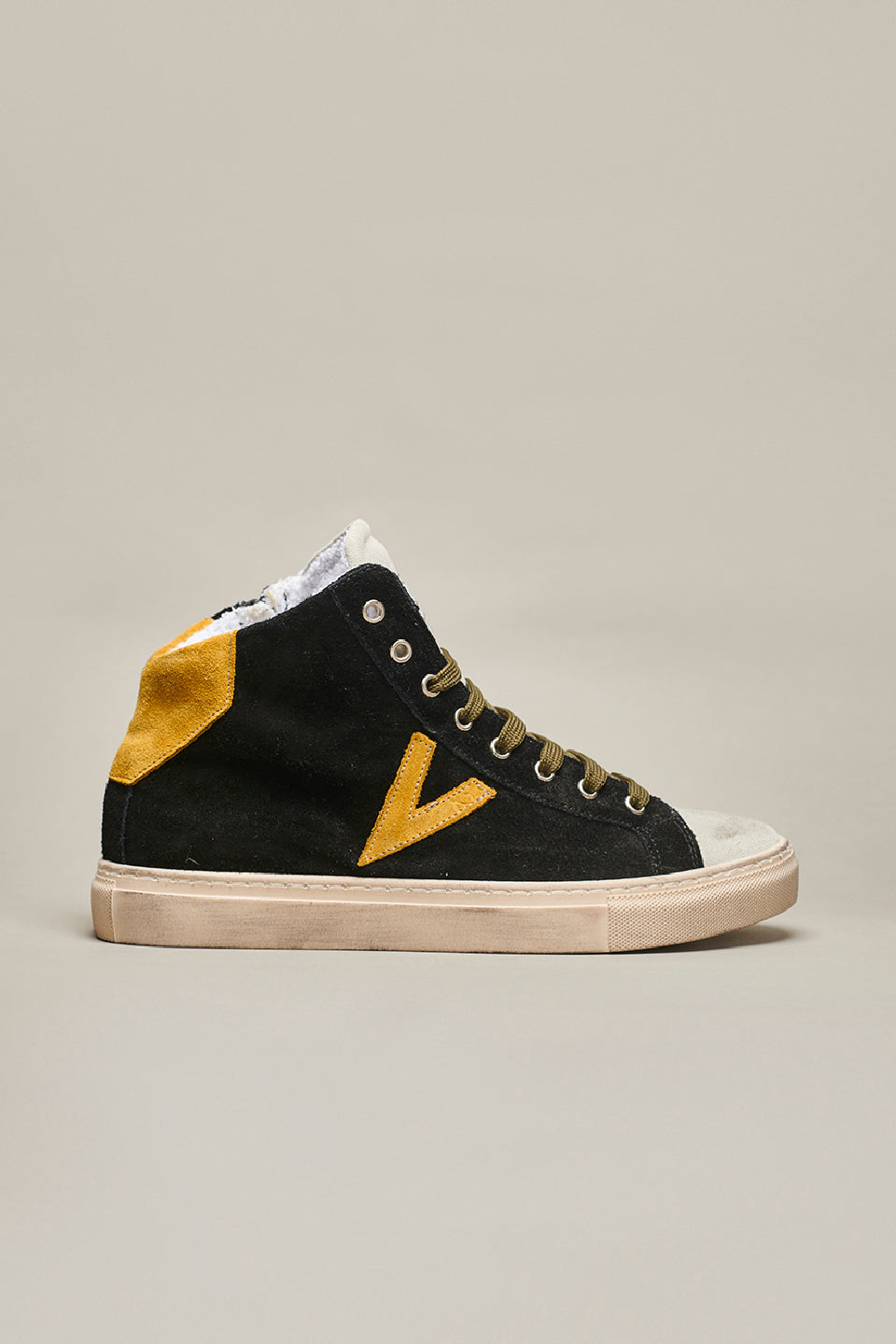 OLYMPIC MID- Black high sneakers with Mustard back and insert
