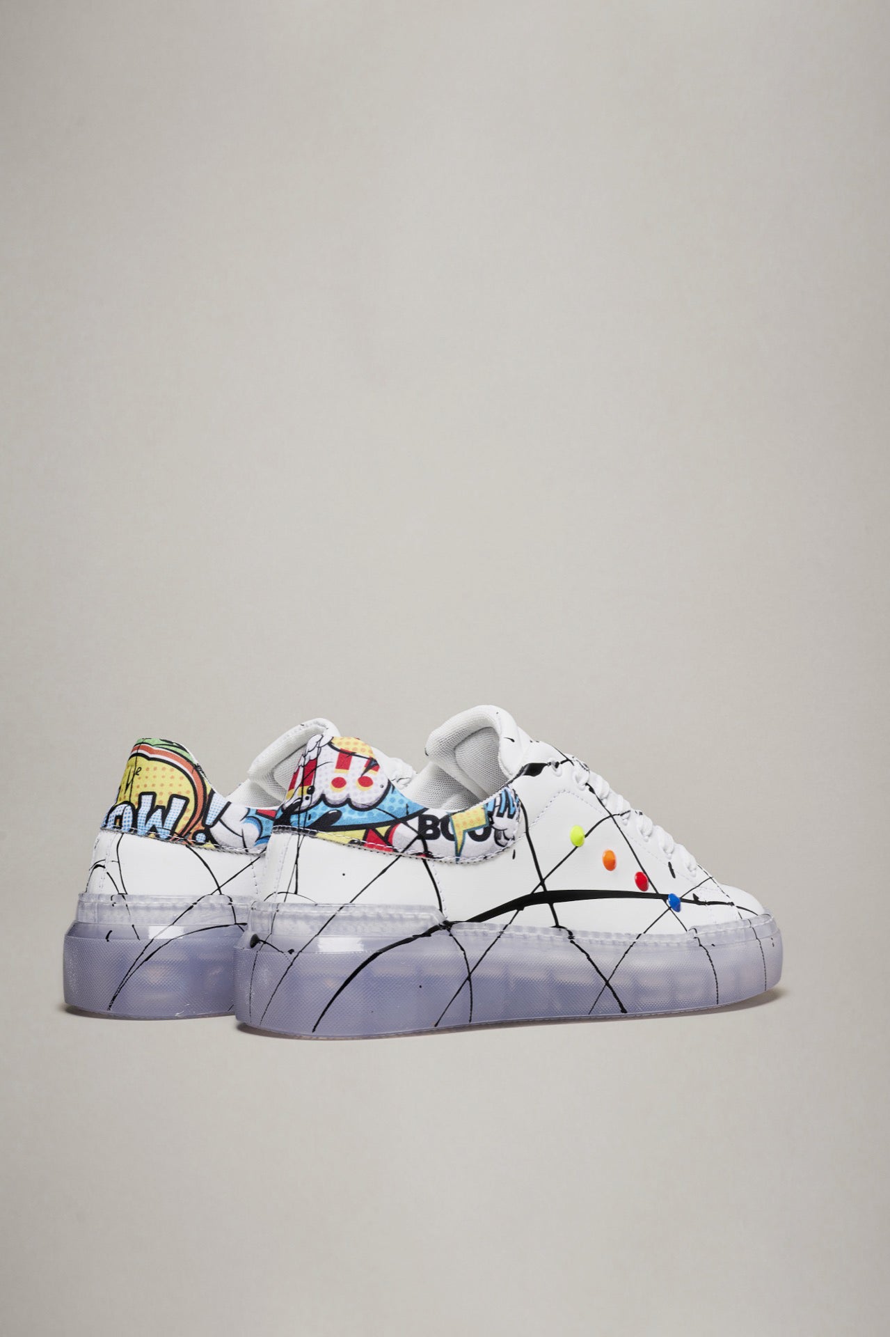 GALAXY - White sneakers with high transparent sole and Comics back with Multicolor studs and paint splatters